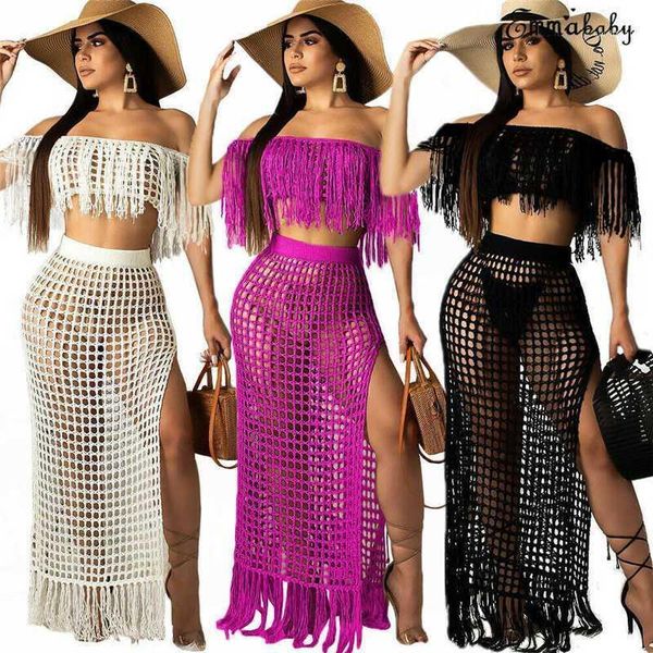 

cover-ups women long sleeve off shoulder tassel hollow out cover ups dress fishnet beach skirt clothes set 2pcs1