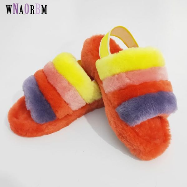 

autumn winter women's sheep fleece slippers thick soles fashionable open toe letters with strap for indoor and outdoor brand, Black