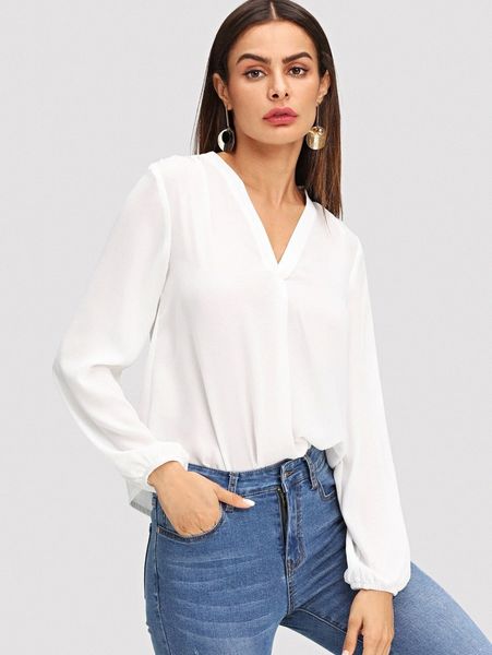 

v neck blouson sleeve solid s5a0#, White
