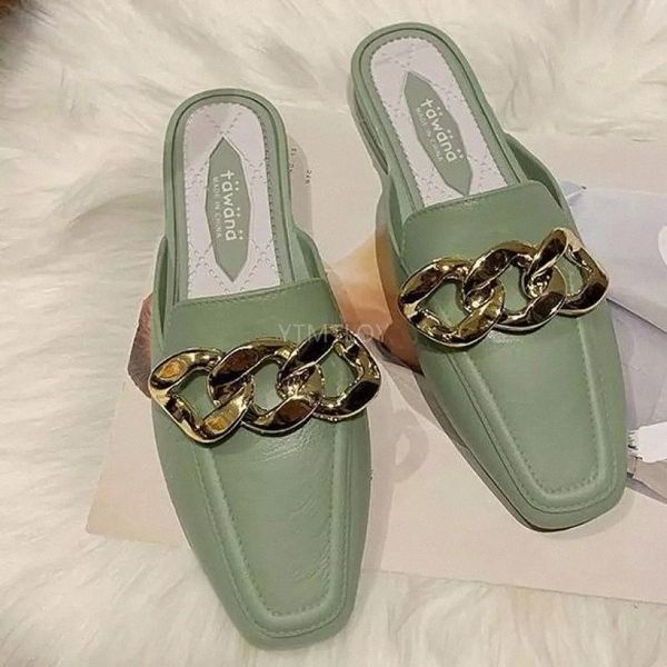 

summer women's slippers flats metal chain ladies slides square toe plus size beach slip on female footwear 2021 zapatillas mujer #cp61