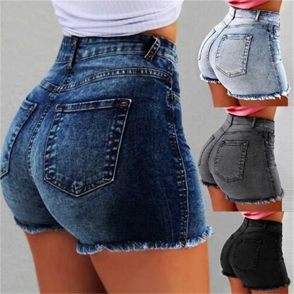 

2021 summer womens jeans fringed high waist stretch denim shorts with 4 colors size s-3xl, Blue
