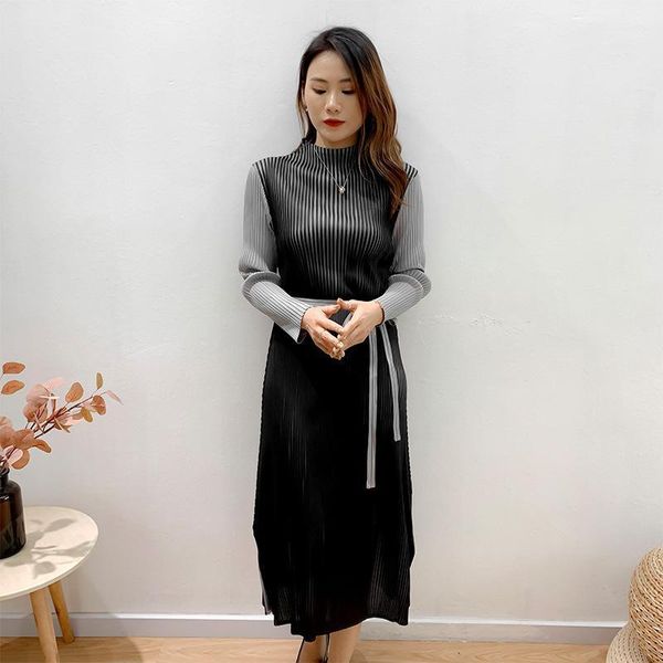 

miyake pleated patchwork dresses for women office lady full sleeves mid-calf stand neck spring autumn fashion maxi dress newly1, Black;gray