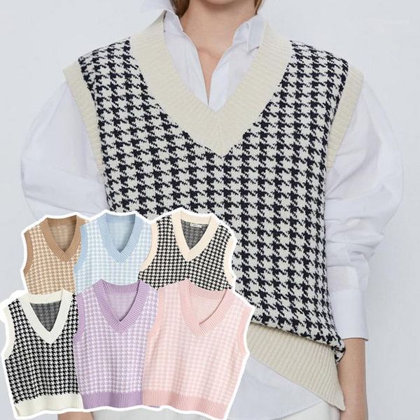 

2020 new women knitted sweater houndstooth v-neck long sleeve pullover college style loose oversized vest casual imiss1, White