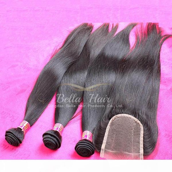 

malaysian human hair wefts with closure straight hair extensions 3pieces with one lace closure three part 4pcs lot natural color bellahair, Black;brown