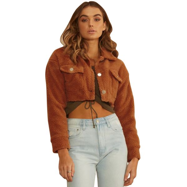 

autumn winter womens jacket lapel neck solid color pocket short vintage coats fashion casual female clothing, Black;brown