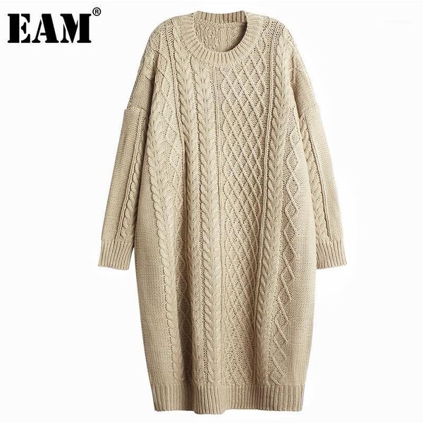 

eam] women khaki big size warm knitting dress new round neck long sleeve loose fit fashion tide autumn winter 2021 1dc8501, Black;gray