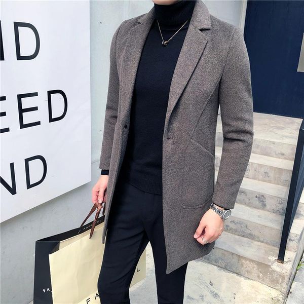 

in autumn and winter 2021 men's windbreaker men's extra warm medium length woolen coat casual coat fashion, Black
