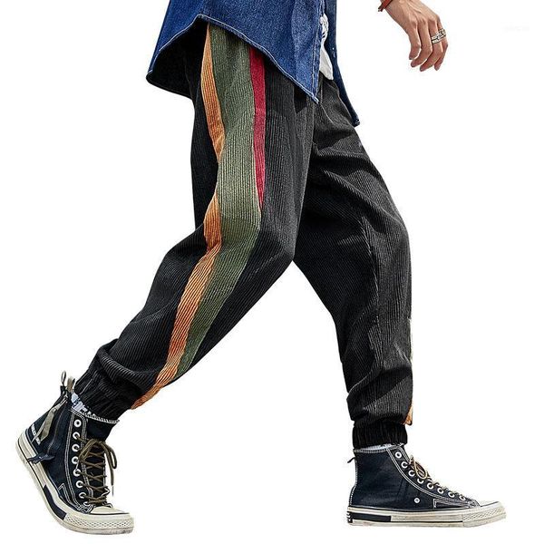 

fleece men fashion color block corduroy pants sweatpants casual rainbow strip stitching elastic retro harem pants trousers y1, Black