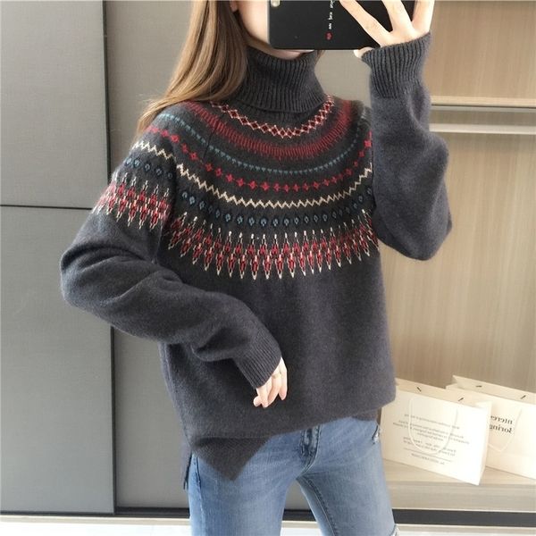 

vintage geometric turtleneck sweater women winter autumn chic high neck pullovers elegant lady thicken warm jumper knitwear 201130, White;black