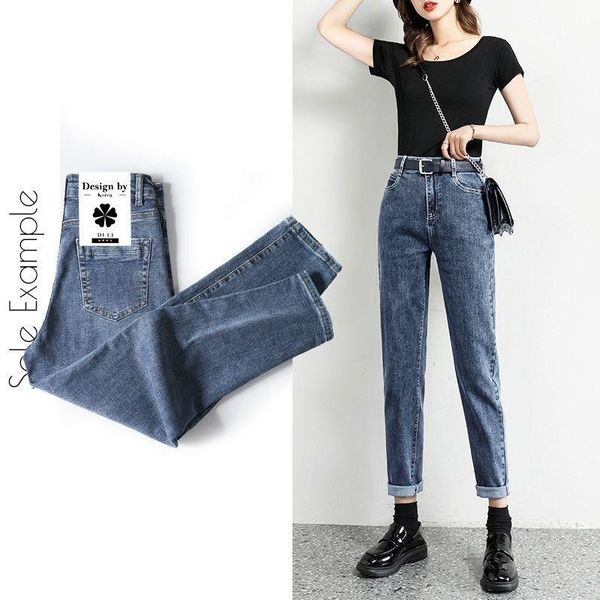 

women's jeans elastic 2021 autumn loose straight harlan slim high waist pants, Blue