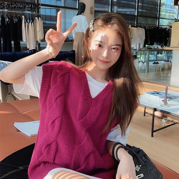 

sweaters vests knitted vintage casual loose fashion all-match vest girls colorful simple korean v-neck elegant sweet ulzzang new, Black;white