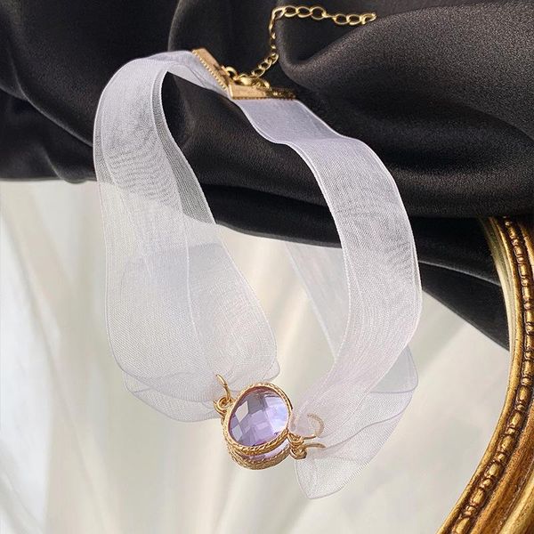 

aesthetic baroque purple crystal pendants lace voile short choker necklace for kpop elegant women fashion egirl party jewelry, Golden;silver