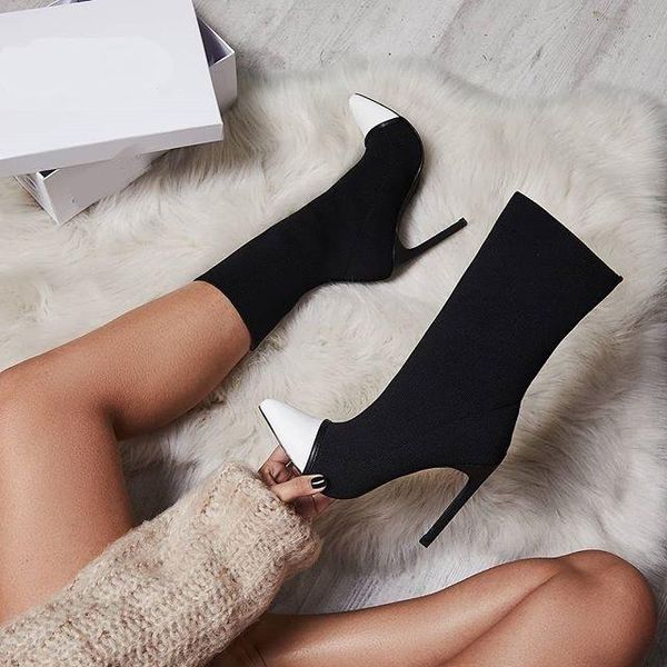 

boots shoes woman autumn winter black mid calf botas mujer pointed toe high heels ladies pumps chaussures femme