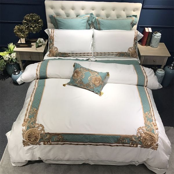 Oriental Bordado Luxo Egípcio Egípcio Branco Royal Bedding Set Queen King Size Tamanho Do Hotel Conjuntos De Cama De Duveta Set Folha de Cama 201021