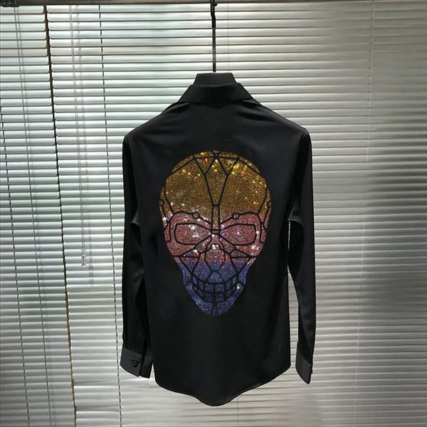 

trendy street plus size 5xl men's shirt brand rhinestone skull design hairdresser long sleeve, White;black