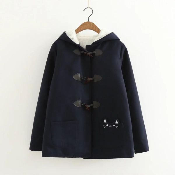 

2021 new winter cute cat ear girls coat horn button fleece warm women pullover hoodies embroidery wool overcoat bx4u, Black