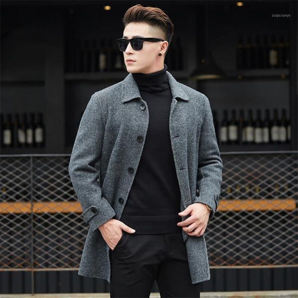 

new 2020 classic autumn winter casual men wool coats warm jackets slim single button outwear solid overcoats 4 style choose1, Black