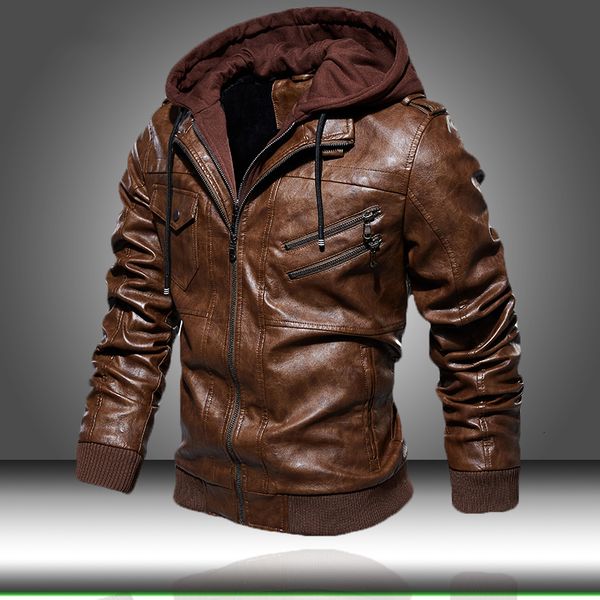 

men's pu leather jacket men motorcycle hood winter coat man warm casual leather jackets male slim fit bomber windbreaker, Black;brown