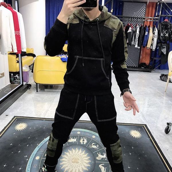 

sweater men's 2020 new autumn wind handsome hooded camouflage loose long sleeve sports leisure suit, Gray