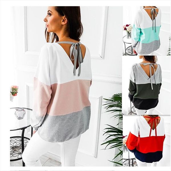 

womens long sleeve striped crew neck casual loose splicing colors polyester autumn hoodies pullovers drop shipping, Black