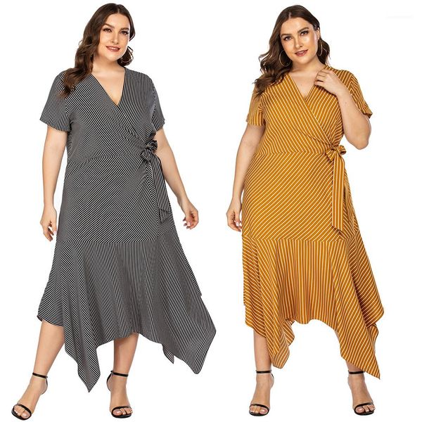 

neck dress belt short sleeve irregular plus size dresses famale summer clothes women striped v, Black;gray