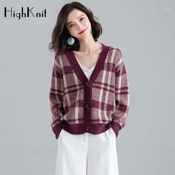 

highknit v-neck plus size sweater women plaid vintage cardigan autumn winter loose casual cardigan korean style fashion sweater1, White;black