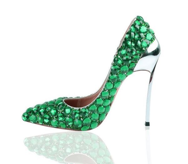 

sparkling green crystal wedding dress shoes women pumps pointed toe woman crystal wedding shoes glitter rhinestone, Black
