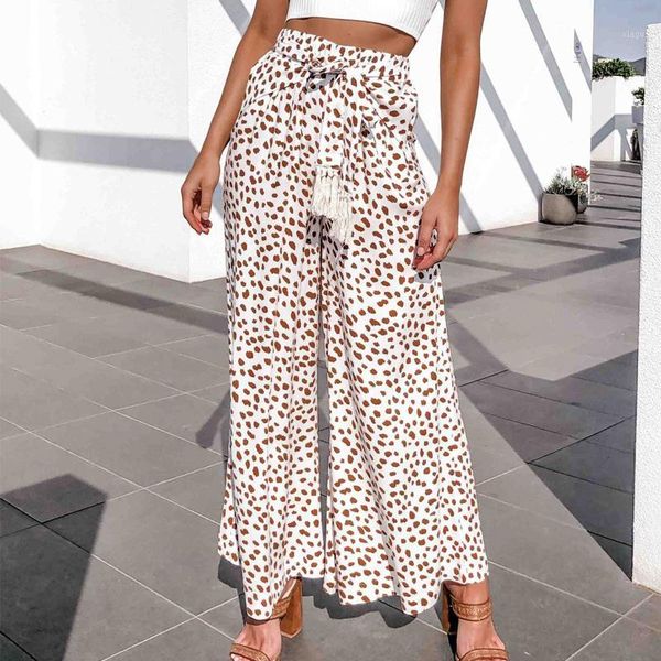 

female loose summer casual pants printed decorative tassel belt wide leg pants1, Black;white