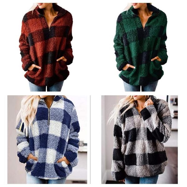 

women autumn winter long sleeves blouse loose thickened plaid zipper high-neck pullover with plush hoodie jacket female coat e122904, Black;brown