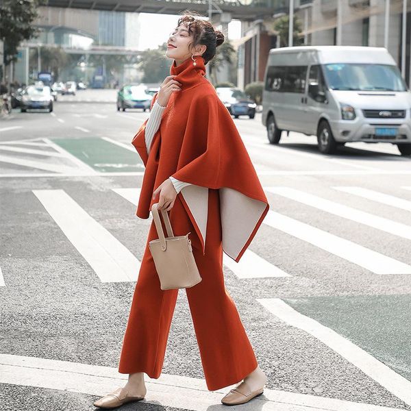 

fashion women's suit 2021 autumn new all-match cloak coat coat high waist loose woolen wide leg pants two-piece suit, Gray