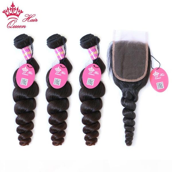 

queen hair brazilian loose wave 3 bundles human hair with lace closure part natural color virgin hair, Black