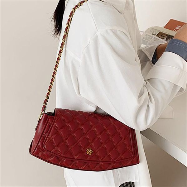 

women's wide shoulder strap classic rhombus plaid flap shoulder bag female pu leather pure color messenger bag chain handbags