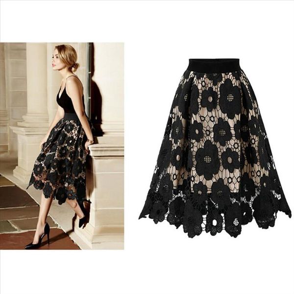 

2021 new women skirt vintage crotch lace skirt knee length high waist autumn winter midi skirts ladies flared skater f3, Black