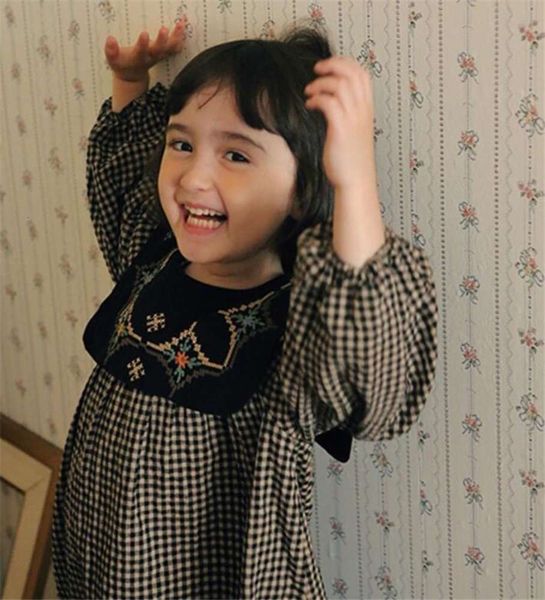 

korean lapel 2020 children's plaid skirt girls' long sve drs, Red;yellow