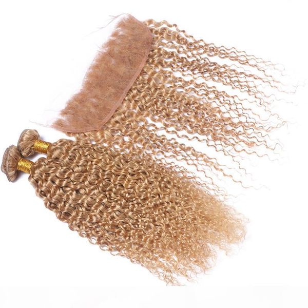 

part honey blonde peruvian kinky curly lace frontal closure with bundles #27 strawberry blonde weaves with frontal kinky curly, Black;brown
