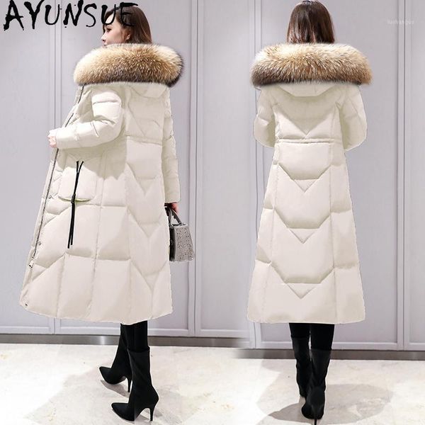 

ayunsue women's winter down jacket real raccoon fur collar coat female white duck down woman parkas ropa 20201, Black