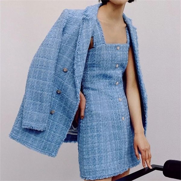 

zxqj tweed women elegant blue blazers fashion ladies vintage loose blazer jackets casual female streetwear suits girls chic y201026, White;black