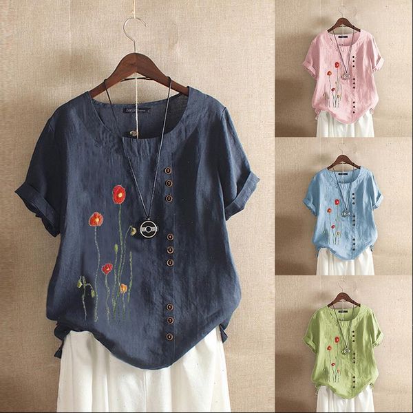 

vintage womens printed blouse 2021 zanzea elegant summer tee shirts button cotton blusa female short sleeve plus size 5xl, White