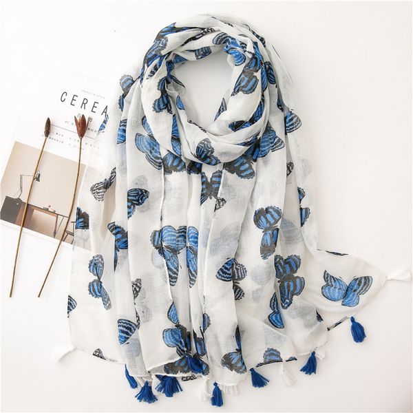 

womens cotton and linen scarf new butterfly pattern warm and breathable bali yarn travel and vacation thin sunscreen shawl, Blue;gray