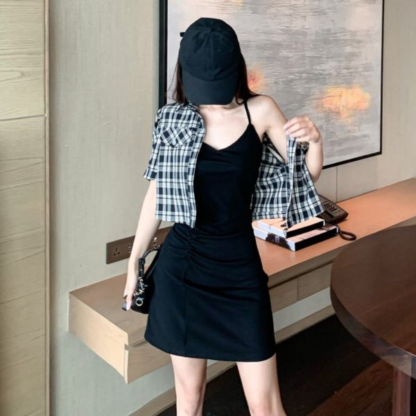 

платье костюм слинг shirtdress shirtwomen клетчатой ​​подвязка плиссированных моды сексуального короткий рукав рубашка один размер хепберн с, Gray