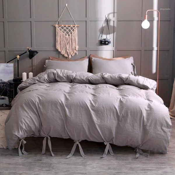 

bedding sets 2021 gray color lace-up washed cotton duvet cover modern style set 3 piece simple plain quilt pillowcase full size l6241