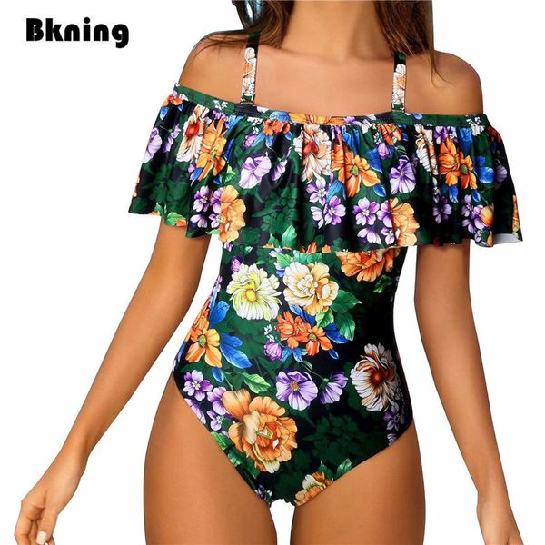 

floral print swimsuit one piece ruffle swimwear for women large size bathing suit tropical flower beachwear tropical 2020 new y200824, White;black
