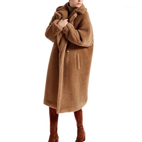 

women's wool & blends cocoon shape long sleeve lambs woolen winter coat faux fur thickening warm jacket female loose outerwear1, Black