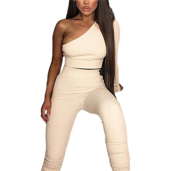 

2020 autumn new sports suit european and american women's solid color one shoulder t shirt pants two piece set ladies tracksuit, Black;blue