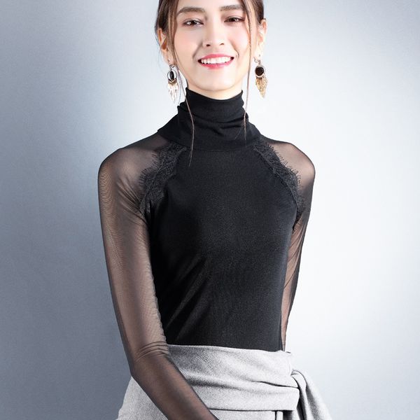 

autumn winter 2019 new women's eyelash stitching perspective mesh long sleeve t- lace lacet-shirt lace black high collar bottoming shir, White