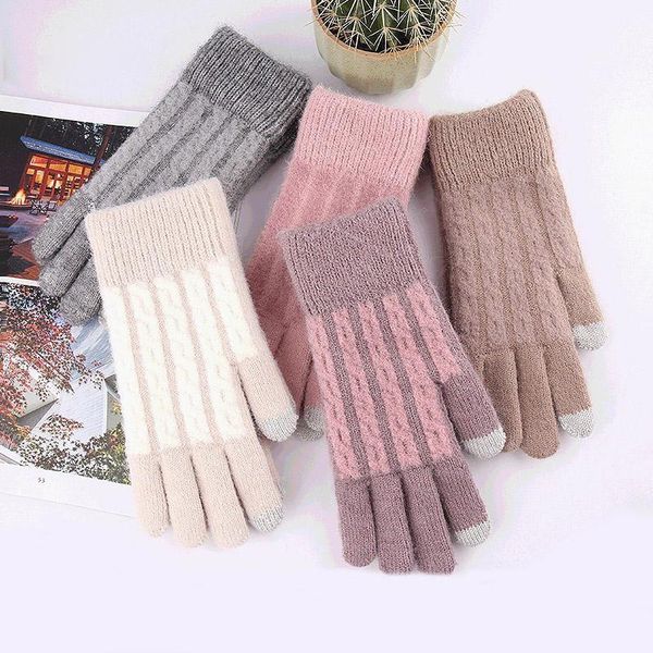 

new women winter keep warm touch screen thicken plus cashmere knitted gloves soft elasticity elegant female fashion cycling, Blue;gray