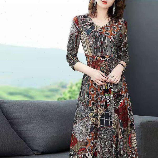 

boho dress women floral dress v neck three quarter sleeve long elegant ladies a line party maxi dresses vestido de festa, Black;gray