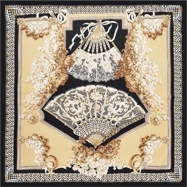 

new twill silk scarf women large shawls euro retro fan print stoles square bandana fashion kerchief scarf female foulards beach towel 130cm, Blue;gray