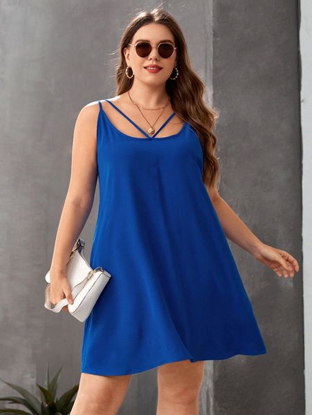 

plus solid strappy detail cami dress 27gy#, Black