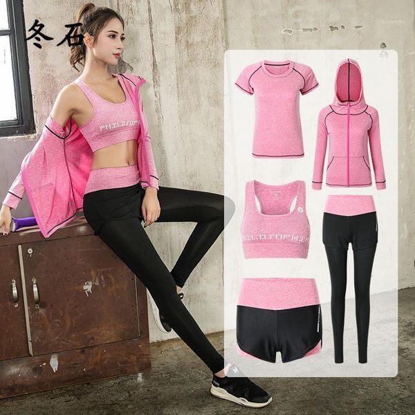 

yoga outfits set jacket+tights pants+short+yoga shirt+sports bras 5 pieces running fitness gym clothing outdoor sport clothes1, White;red